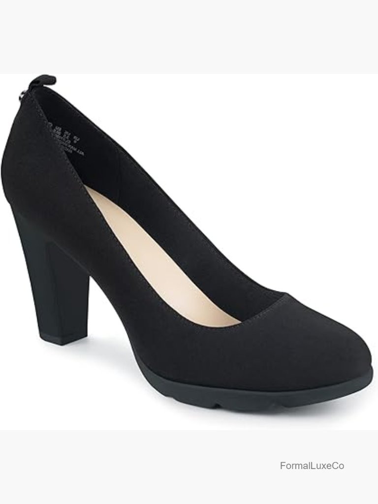 Women's Pumps Closed Round Toe Block High Heels 3 Inch Leather Pump Shoes